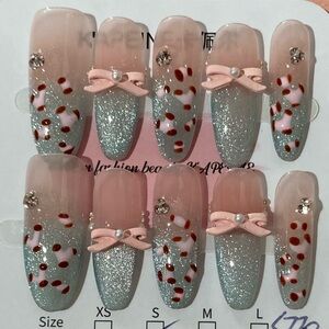 [S] 🎀 10Pcs Wearable Press on Nails Long Leopard Print Ribbon Pearl Rhinestone